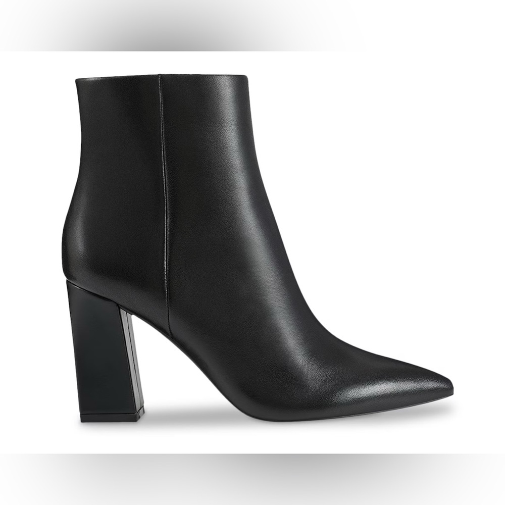 Women's Black Leather Pointed Toe Block Heel Ankle Boot